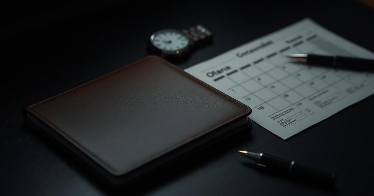 A leather planner, wristwatch and printed operating calendar on a matte black desk.
