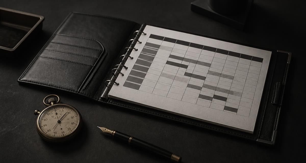 A leather operations binder open to a printed weekly cadence chart, beside a brass stopwatch and a fountain pen on a matte charcoal desk.