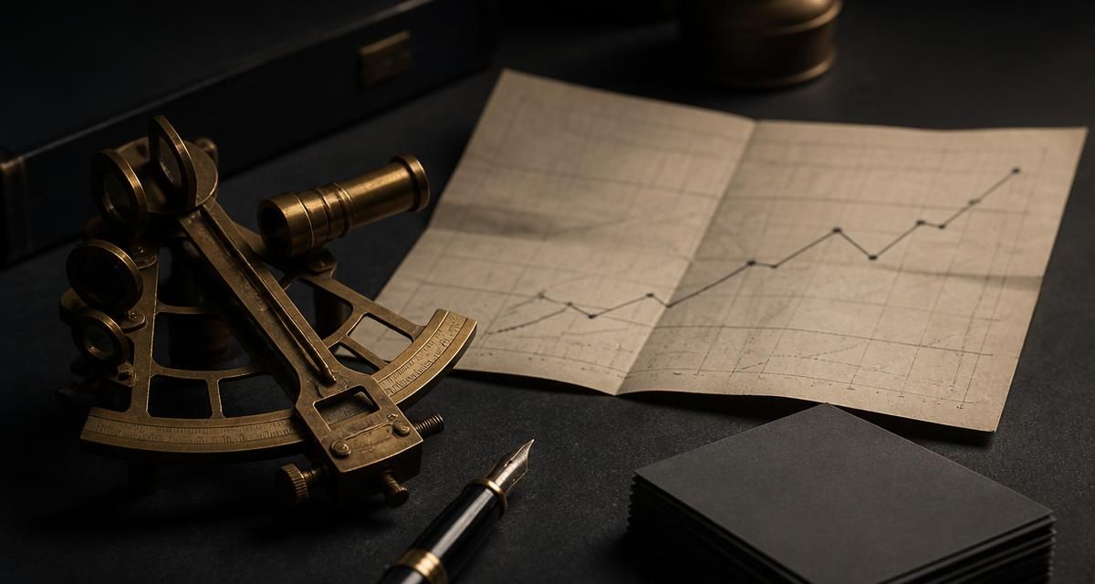 A brass sextant and a folded chart with a rising plotted line on a matte charcoal desk beside a fountain pen.