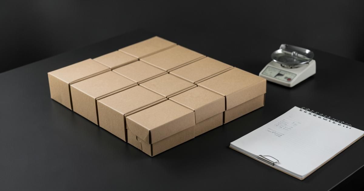 Flat cardboard boxes arranged in a precise grid on a matte charcoal desk beside a small scale and a paper ledger.