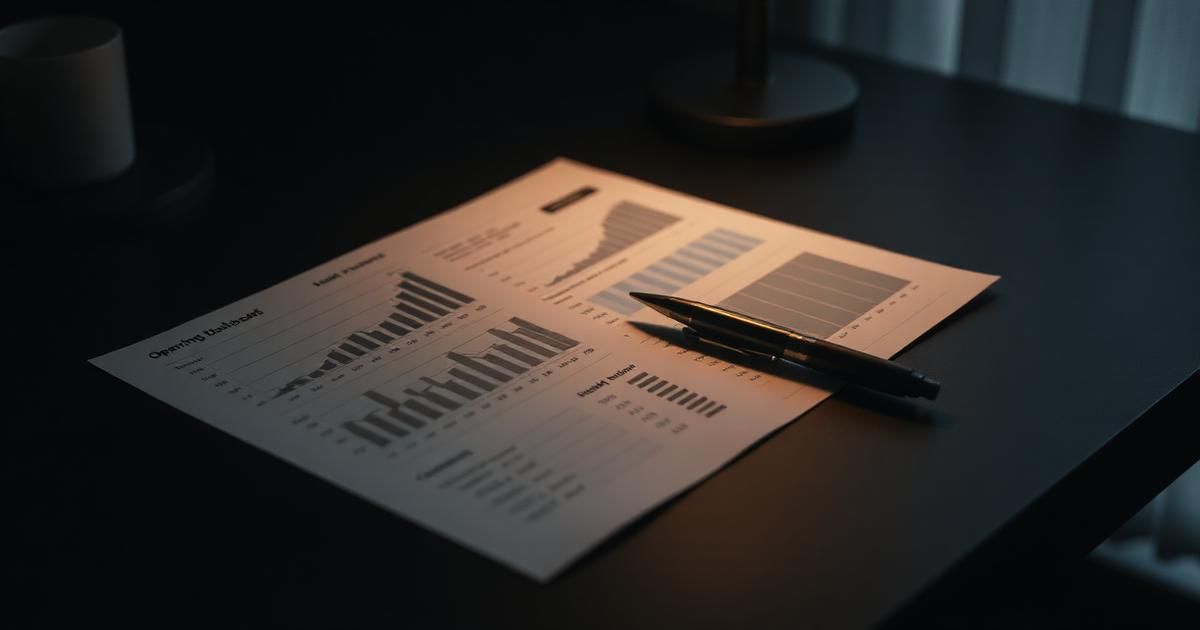 A printed operating dashboard with KPI charts and figures on a matte black desk, lit by a single lamp.