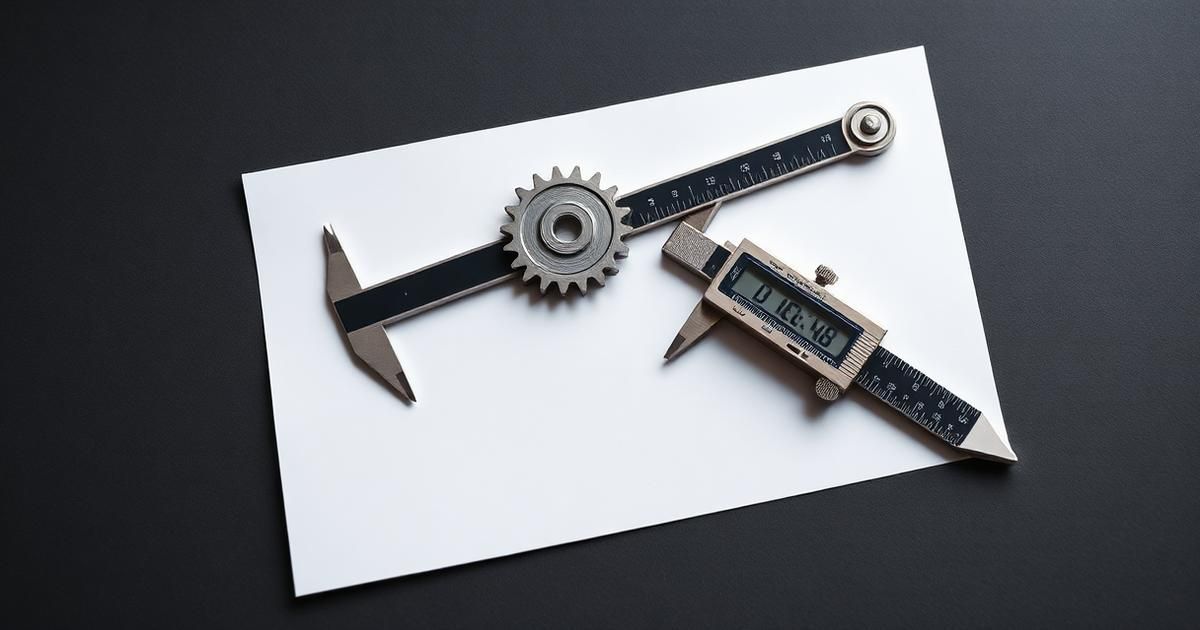 A precision-machined steel gear and a digital caliper resting on a blank sheet of paper on a matte charcoal desk.