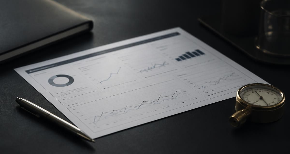 A printed operating dashboard, a steel pen and a brass gauge on a matte charcoal desk.