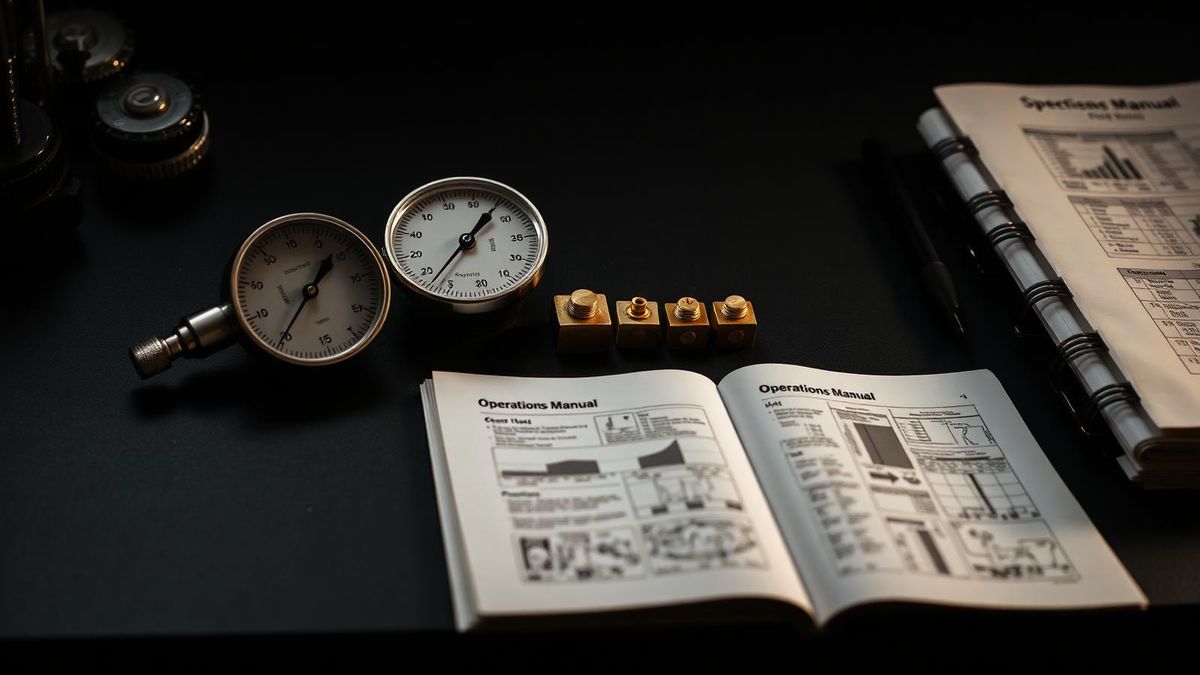 A machinist's dial gauge and calibrated brass weights on a matte black desk beside an open operations manual.
