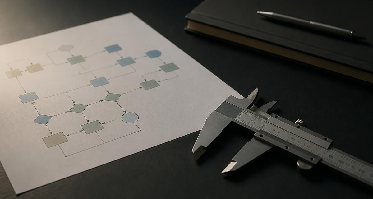 A precision caliper resting beside a printed process flow diagram on a matte charcoal desk.