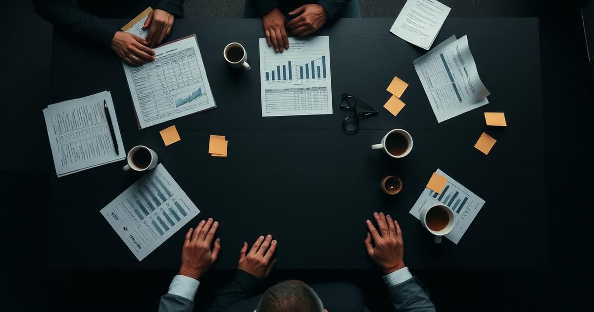 Overhead view of an executive planning meeting with forecast charts and sticky notes on a matte black table.