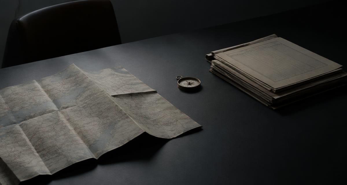 Folded route map, brass compass and a stack of shipping manifests on a dark matte desk.