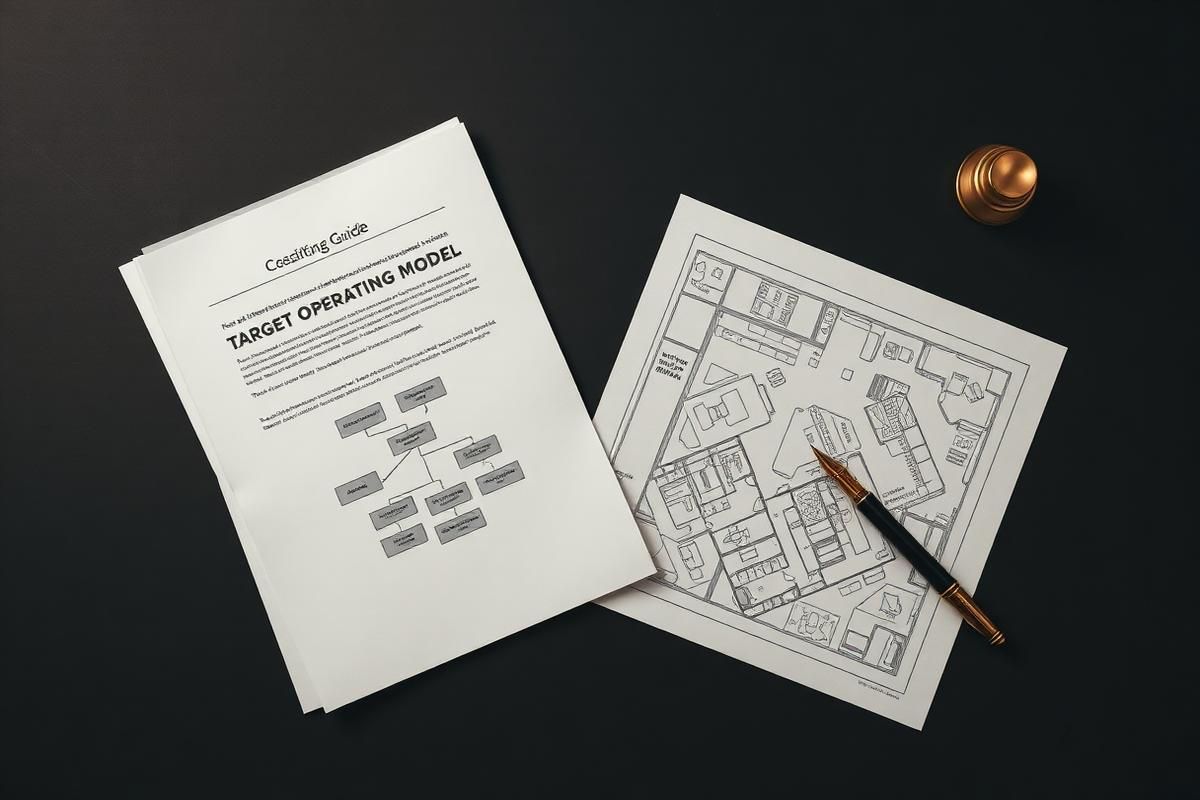 Overhead flat lay of a folded strategy document, an organizational chart and an office floorplan on a matte black table.